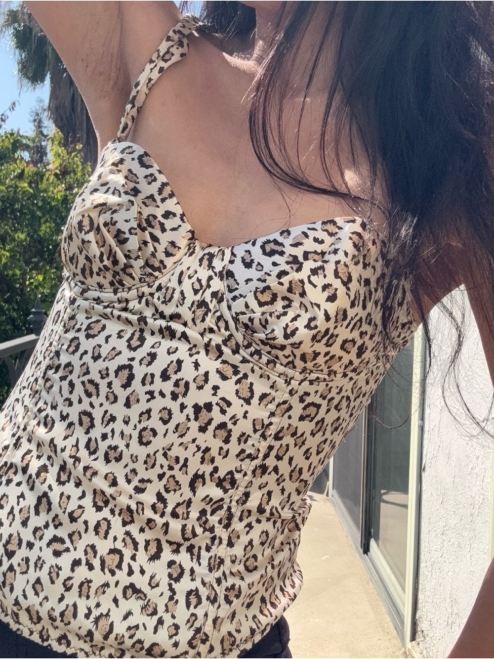 Y2K Luxe Leopard Print Satin Bustier Corset Tank Top - Cream Brown Small